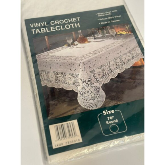 VTG Style White Vinyl Crochet Tablecloth 70" Round Lace Wipe Clean Elegant Decor - Picture 2 of 6